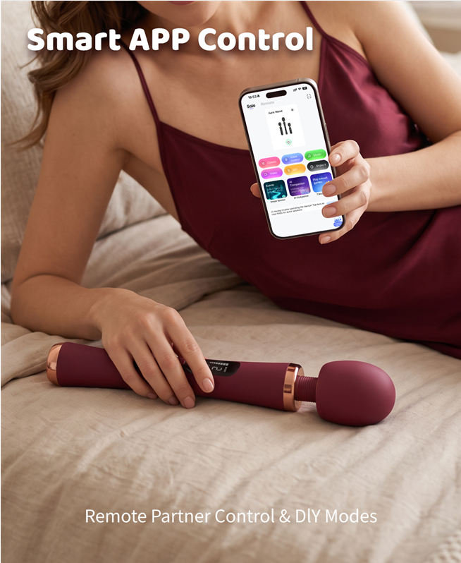 Burgundy UXIJOV App-Controlled Wand shown in a warm bedroom scene with its mobile app